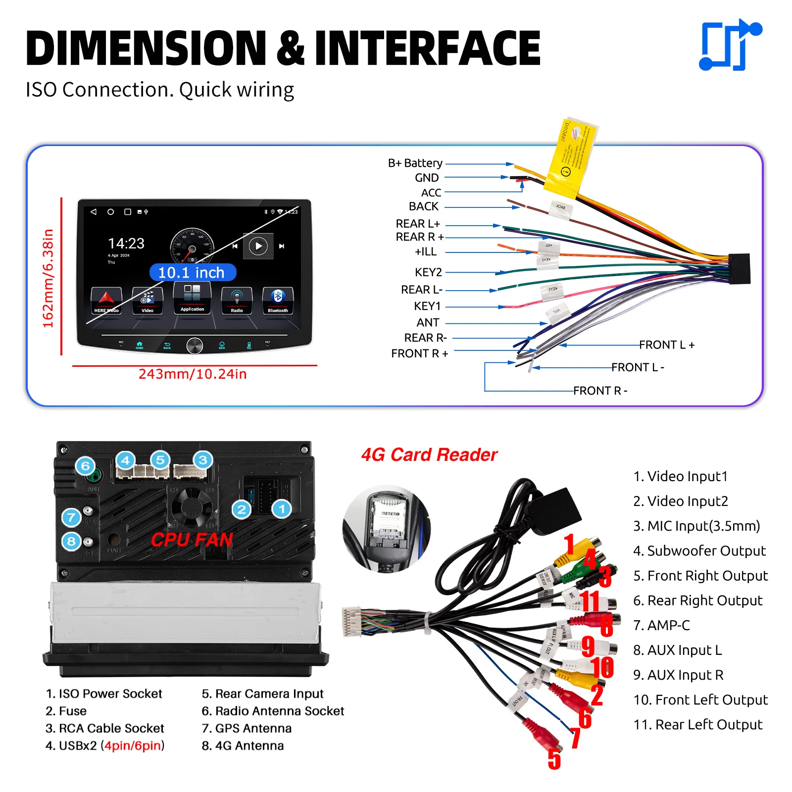 ESSGOO Android 15 10,1" 360 ° Drehbarer Bildschirm 1DIN 6+128G 8core 4G Universal Auto Stereo Carplay mit Mikrofon AM Wifi BT RDS SWC – Detail 22