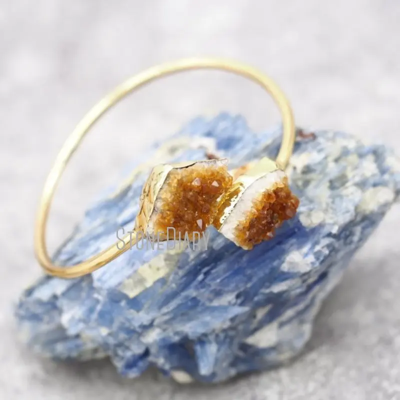

BM42228 Natural Citrine Healing Crystal Cluster Druzy Bangle Adjustable Soldered Irregular Nugget Citrine Free Form Bracelet