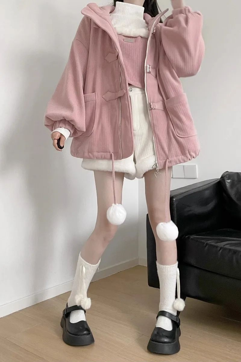 Fur Ball Pink Winter Bread Cotton-Padded Coat Corduroy Soft Comfortable Suit Autumn Winter Warm Long Sleeve Single-breasted Top