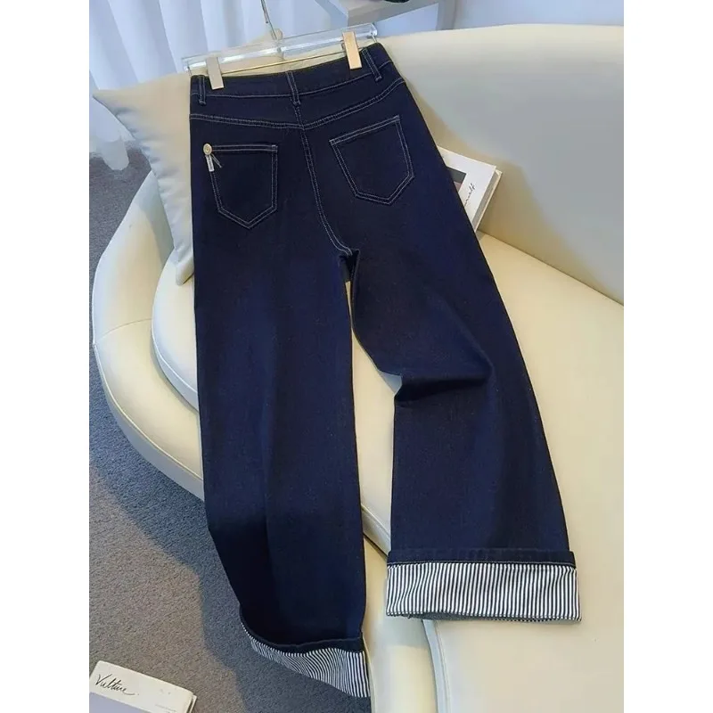 Women's Denim Jeans - Straight Leg with Striped Cuff Detail Classic Five-Pocket Design - 2