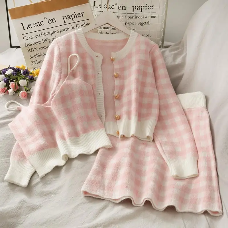 

Sweet plaid 3-piece cardigan sweater women o neck single-breasted long-sleeved loose sweater with short suspender skirt sets