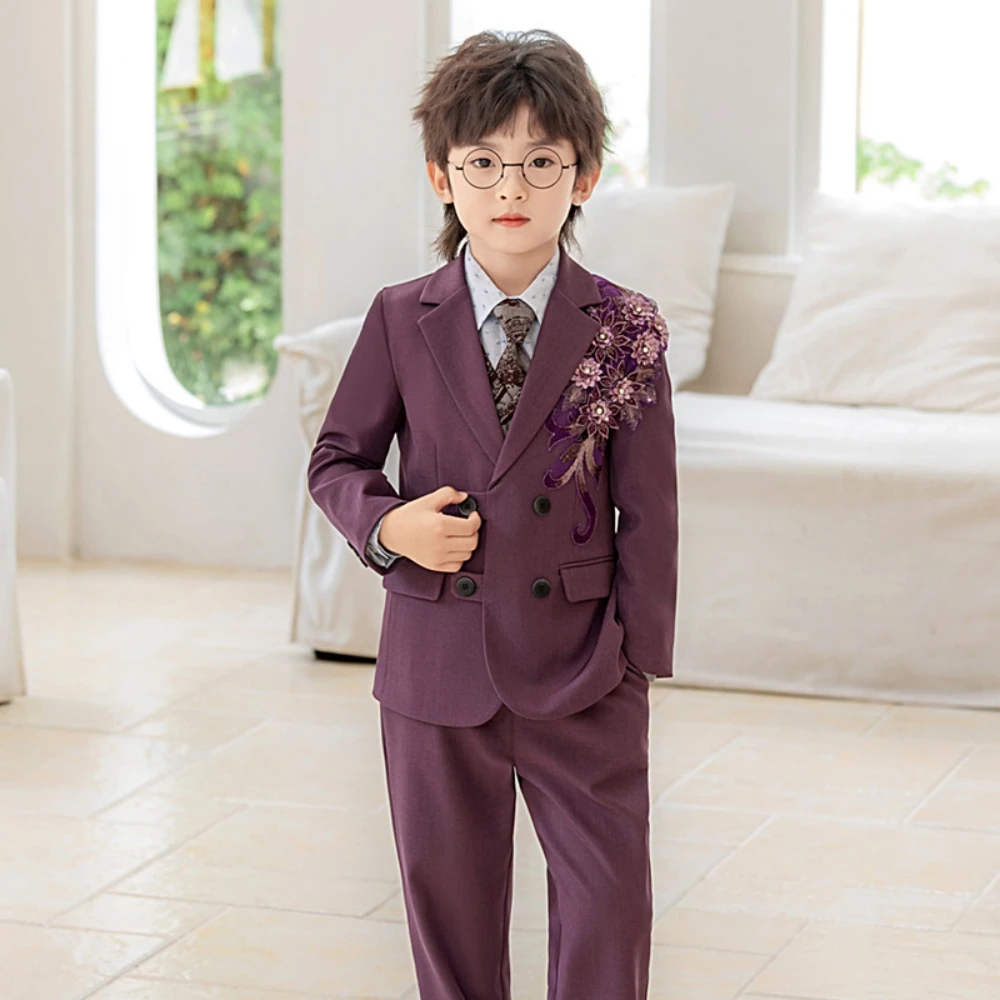 Boys Embroidery Suit Set 4 Pieces Stage Performance Wear Casual Notched Lapel Kids Suits For Celebration boys suits