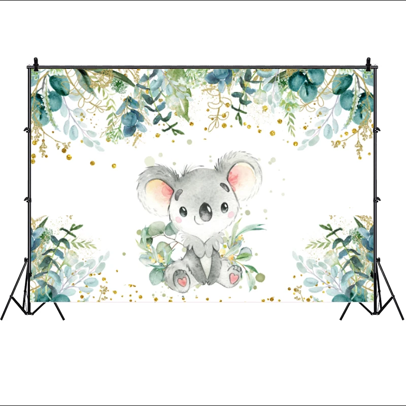 Koala Urso Fotografia Fundo Birthday Party Foto Contexto Folhas de Eucalipto Verde Decorações do Chuveiro do Bebê Decoração de Mesa de Bolo - Image 4