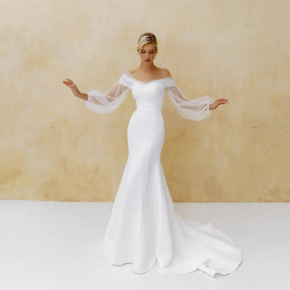 

UZN Modern Ivory Mermaid Satin And Tulle Bridal Gowns Robes De Mariée Sweetheart Puffy Sleeves Wedding Gowns Dubai Wedding Dress