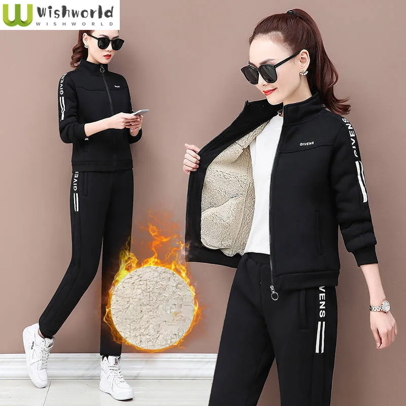Thickened Lamb Fleece Hoodie Jacket Casual Wide Leg Pants Two Piece Elegant Women's Pants Set Student Winter Outfits