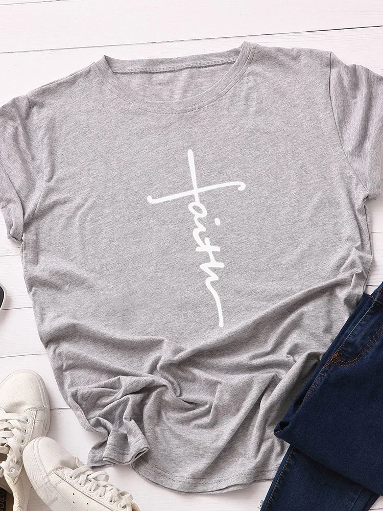 믿음 편지 인쇄 여성 T 셔츠 반소매 O 넥 느슨한 여성 Tshirt 숙녀 티 셔츠 탑스 의류 Camisetas Mujer