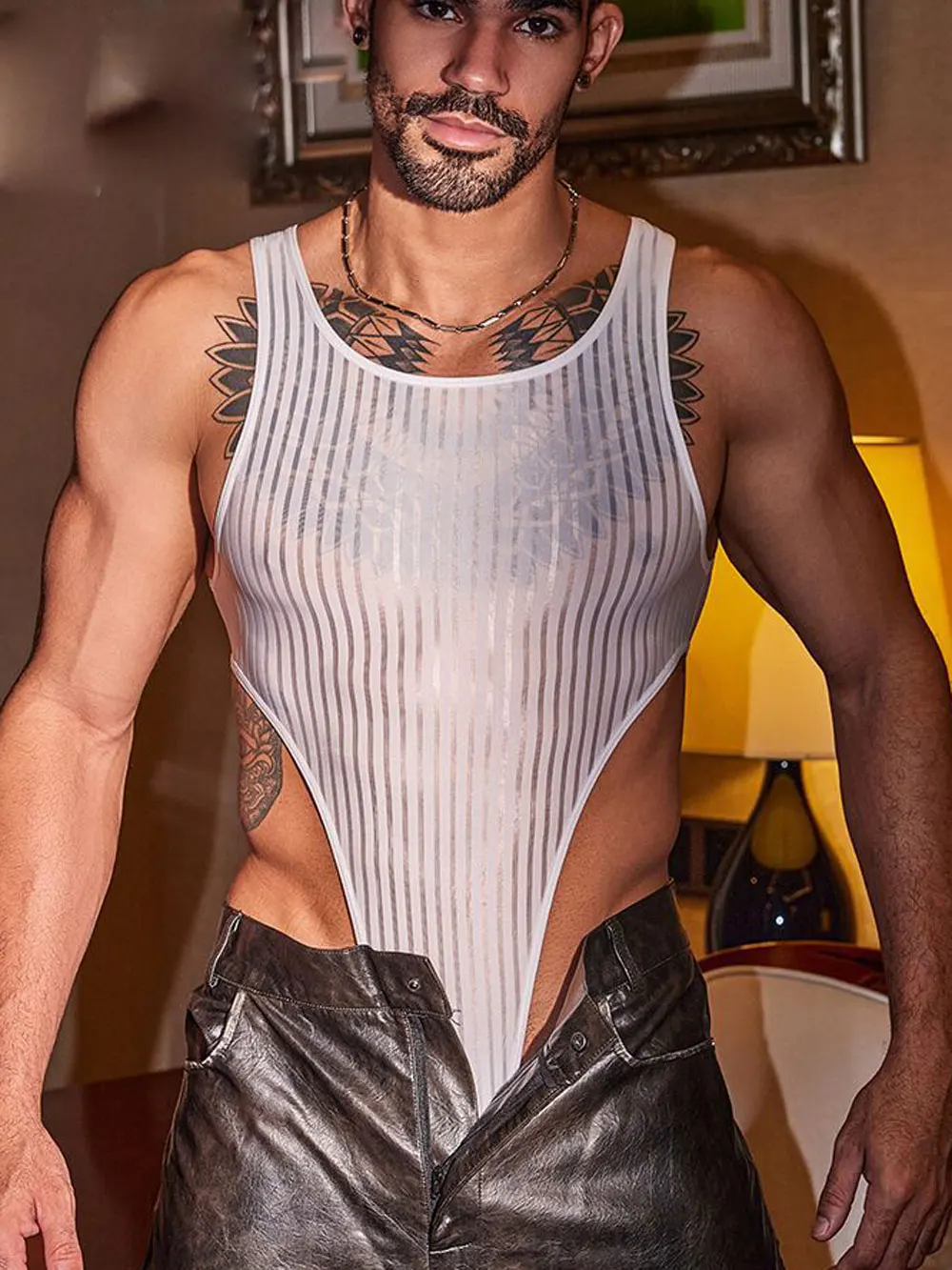 Men Striped Bodysuit Tops Buckle Crotch Open Allure Sheer Transparent Tights Shaper Night Sexy Thong