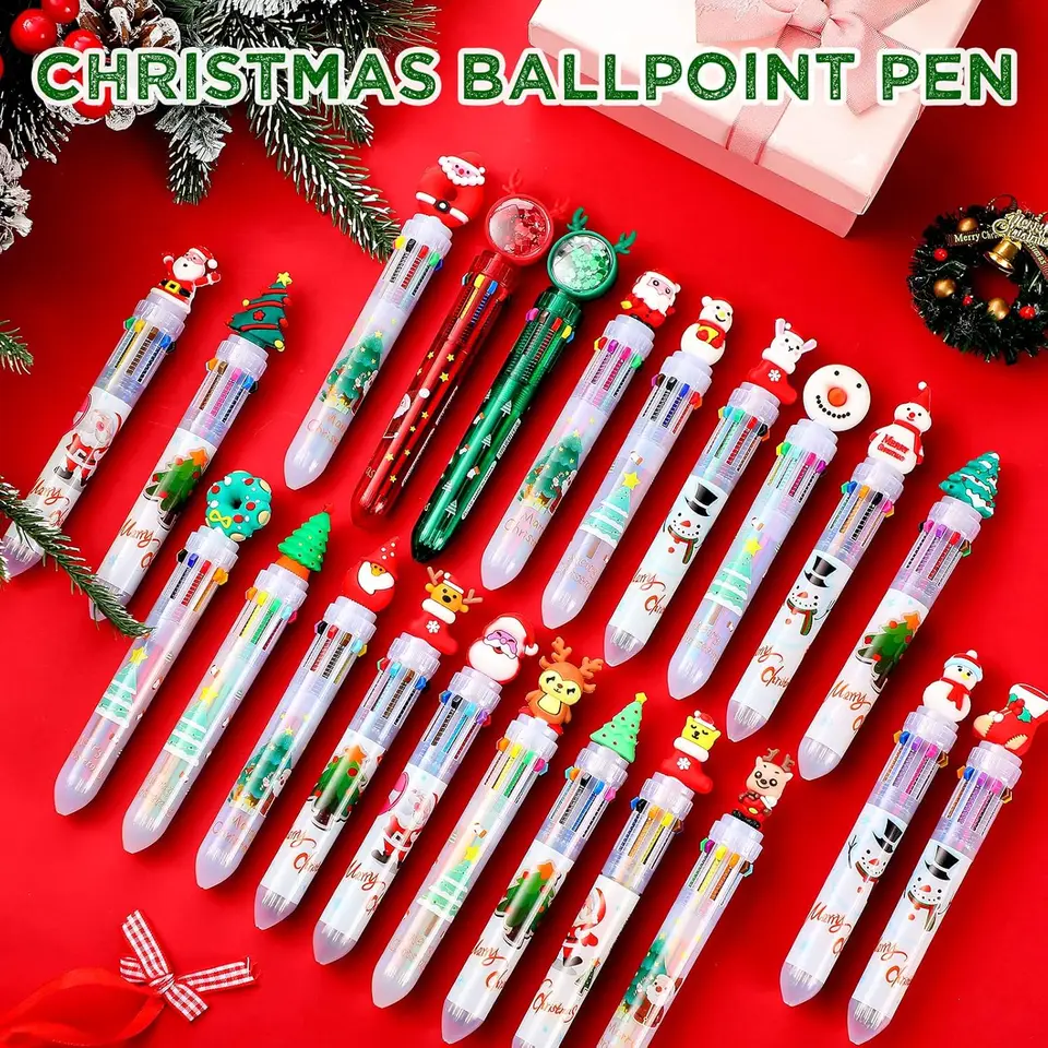 WideSmart 8 Pezzi Penna a Sfera Natalizia, Multicolor Cartoon per Albero di Natale, Pupazzo di Neve, Babbo Natale, Renna - Set per Ufficio e Scuola