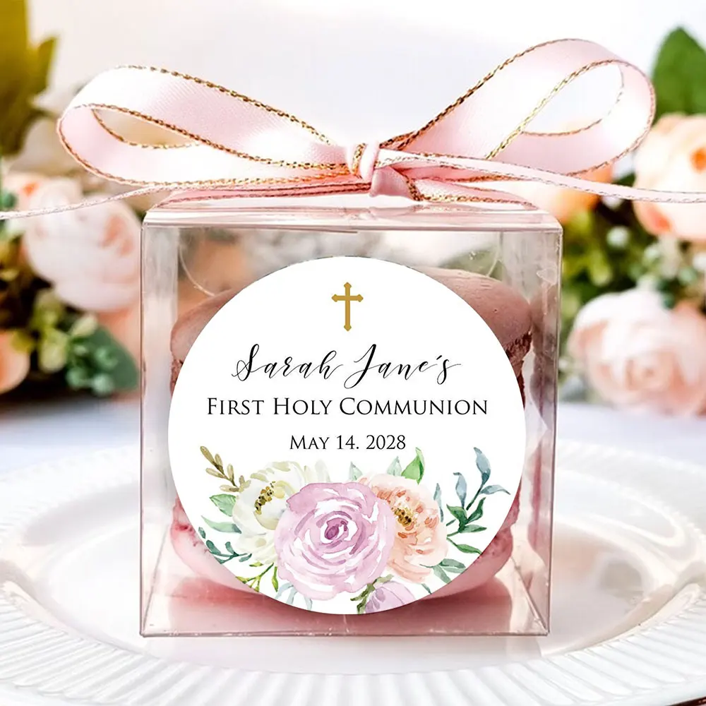 Adesivi Rotondi A Forma Di Croce Con Fiori - 50 Pezzi Da 5 Cm, Per Battesimi, Comunioni, Matrimoni E Feste Religiose