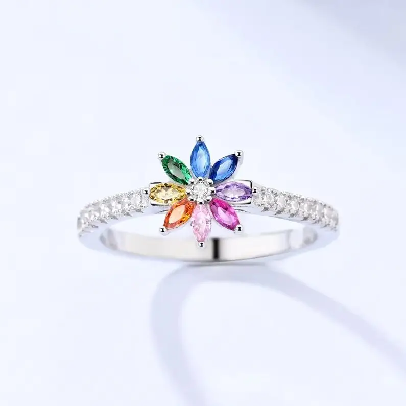 Colorful Rainbow Flower 925 Silver Engagement Ring for Women - Trendy Jewelry