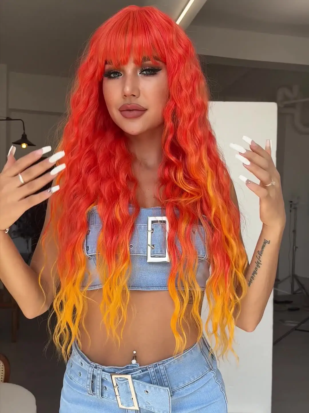 BLONDE UNICORN Ombre Orange wig with Bangs Synthetic Hair  display picture 1
