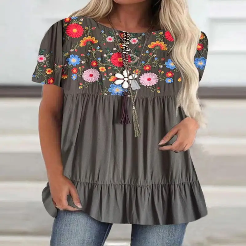 

Plus Size Women Short Sleeve Scoop Neck Floral Printed Stitching Top