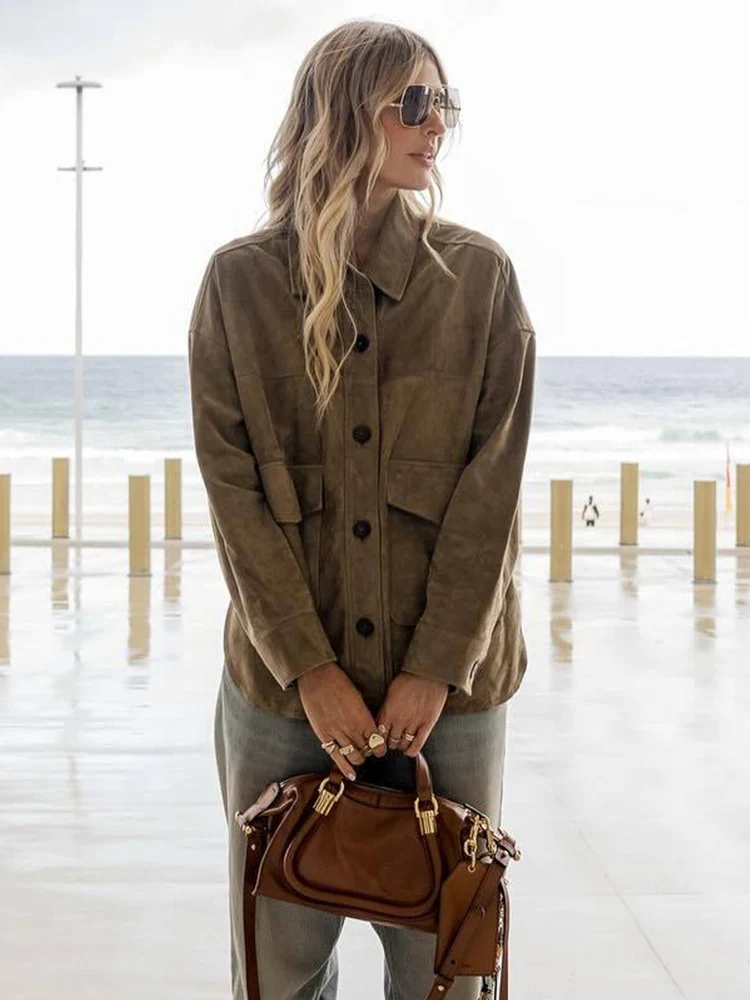 2026 Spring Autumn Women Single Breasted Oversized Suede Shirt Coats Casual Pocket Decoration Lapel Loose Jacket Female