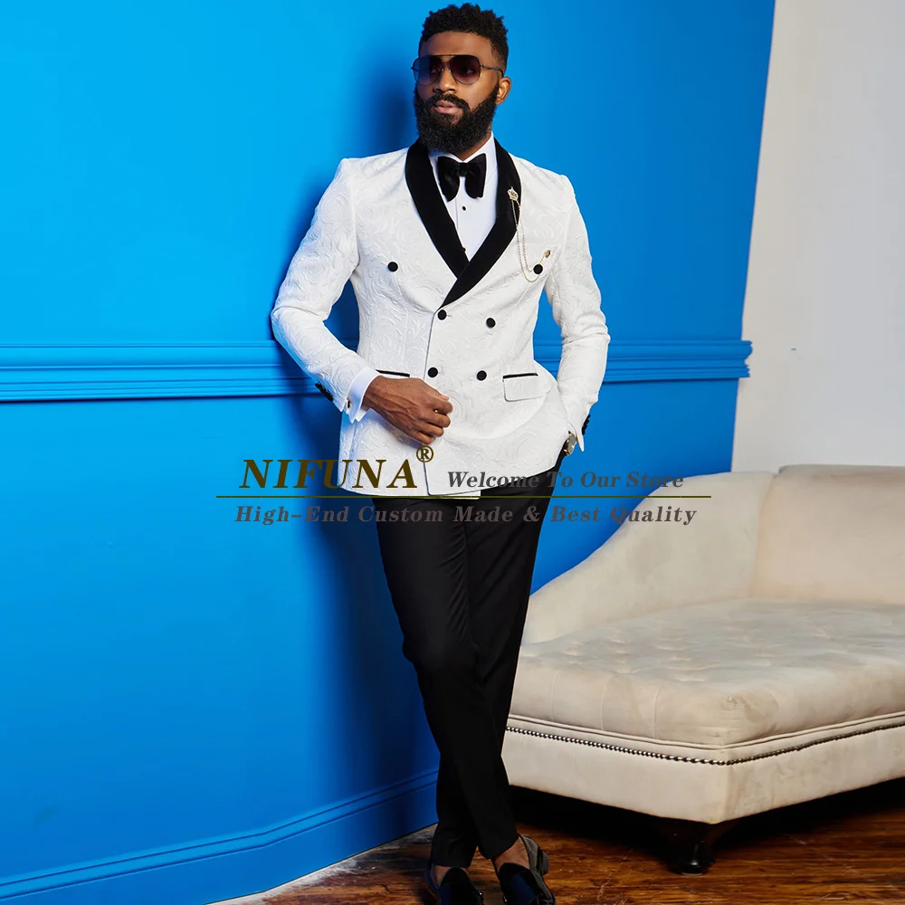 

Fashion Ivory Floral Jacquard Double Breasted Men Suits 2 Piece Groom Wear Tuxedos Slim Fit Wedding Suit For Men Costume Homme