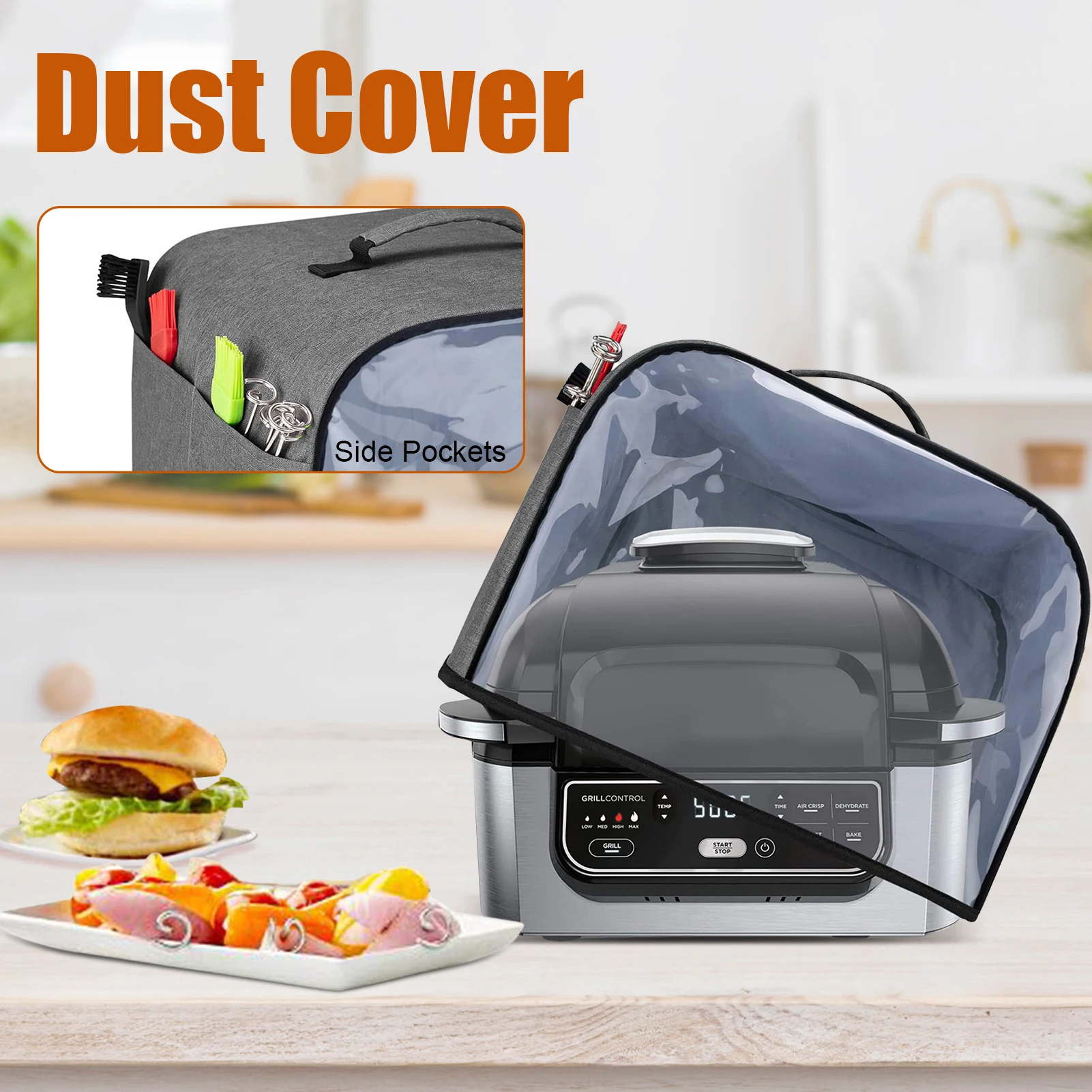 Kitchen Dust Cover Compatible withNinjaFoodi Grill (AG301, AG302, AG400), Cover (Clear Front Panel) with Storage Pockets