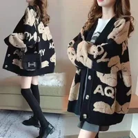 2024 New Trendy Women's Knitted Cardigan Sweater Jacket V-Neck Loose Fit Plus Size Thickened For Autumn Winter
