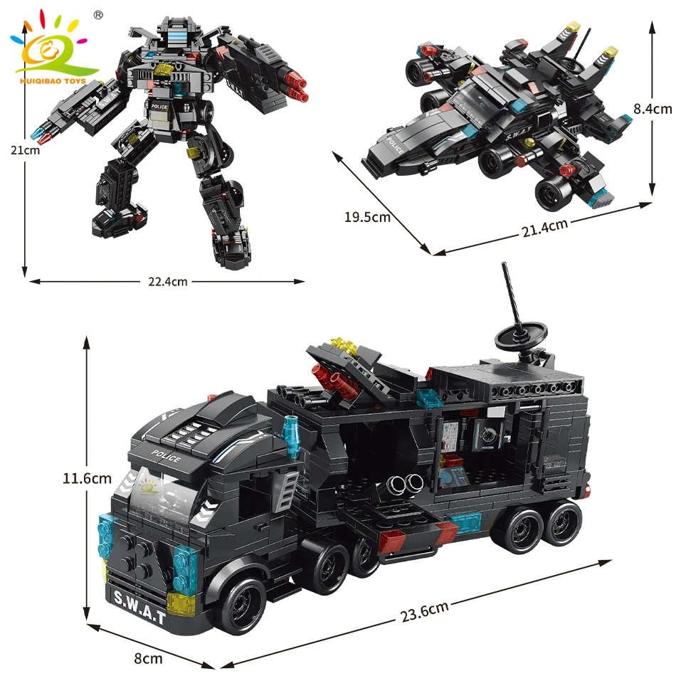 HUIQIBAO 454-585PCS 8in1 SWAT Police Command Truck Building Blocks City Helicopter Bricks Kit Educational Toys for Children 3