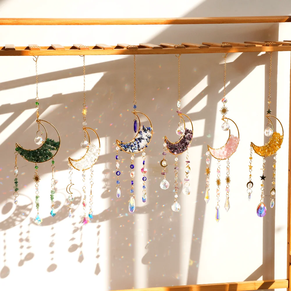 

Suncatcher Crystal Moon Star Hanging Ornament Healing Crystals Rainbow Maker for Garden Outdoor Decoration Spring Window Decor