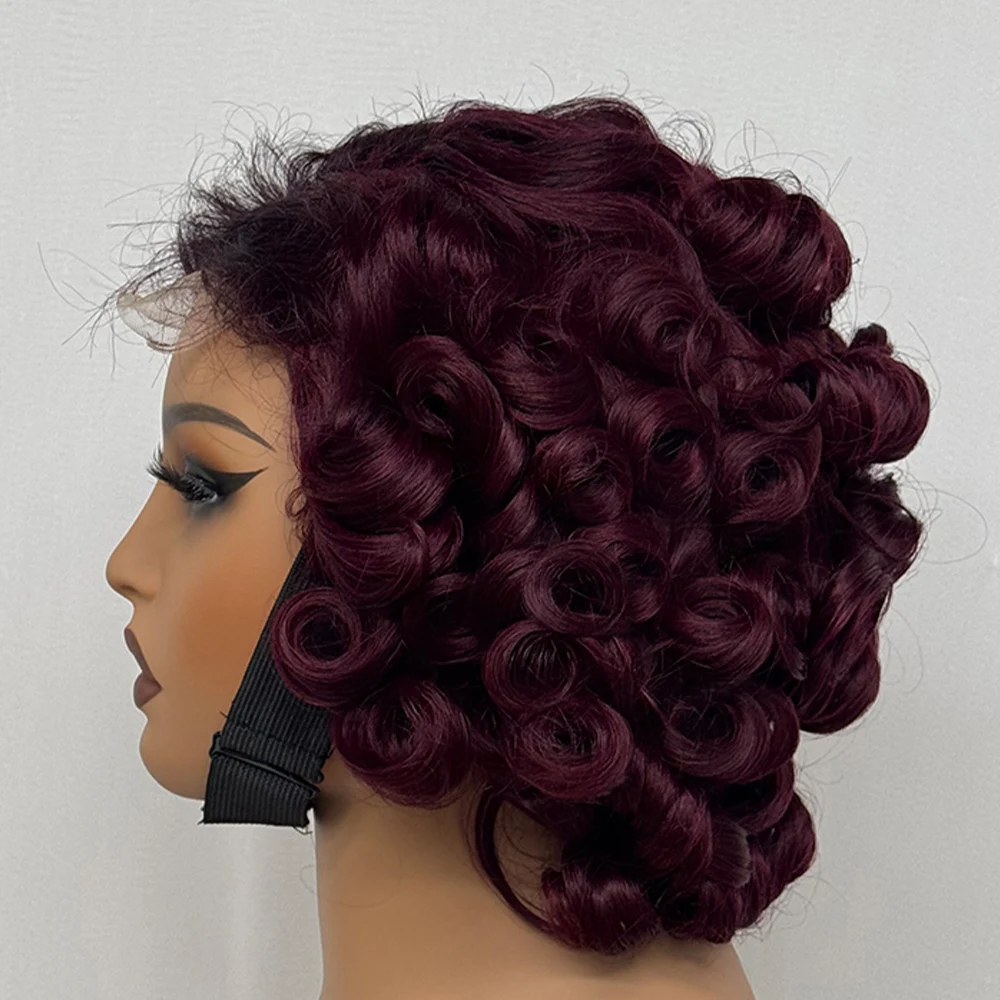 4X4 Lace Closure Wig Short Bouncy Texture Pixie Hair Real Human Hair Wig 200% Density Loose Wave Hair Wig for Black