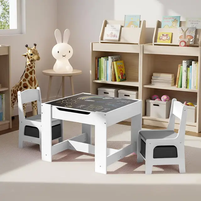 Kids Table and Chair Set, 4 in 1 Wooden Children Activity Table w/Storage, Reversible Deskboard, Blackboard, Detachable Tabletop
