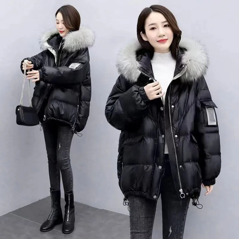 2024 Winter New Warm Down Cotton Jacket With Large Fur collar Hooded Coat Loose Women Thicken Parker Puffer Overcoat Casual wear 2