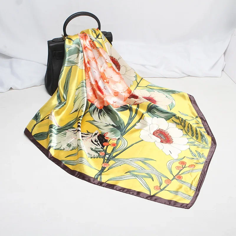 

Fashion Floral Print Kerchief Faux Silk Hair Scarf For Women Bandana Head Bag Turban Female 70*70cm Square Neck Scarves Ladies