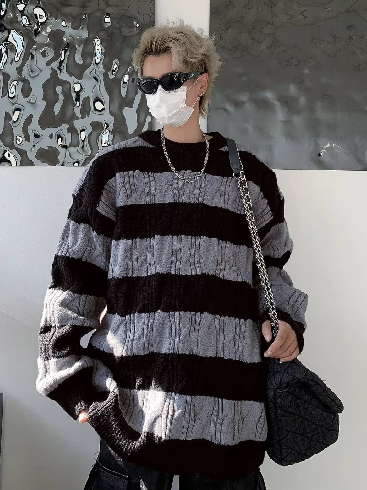 

2023 Stripe Fried Dough Twists Sweater Men's Autumn and Winter New Fashion Brand Loose Versatile Color Matching Knit Coat