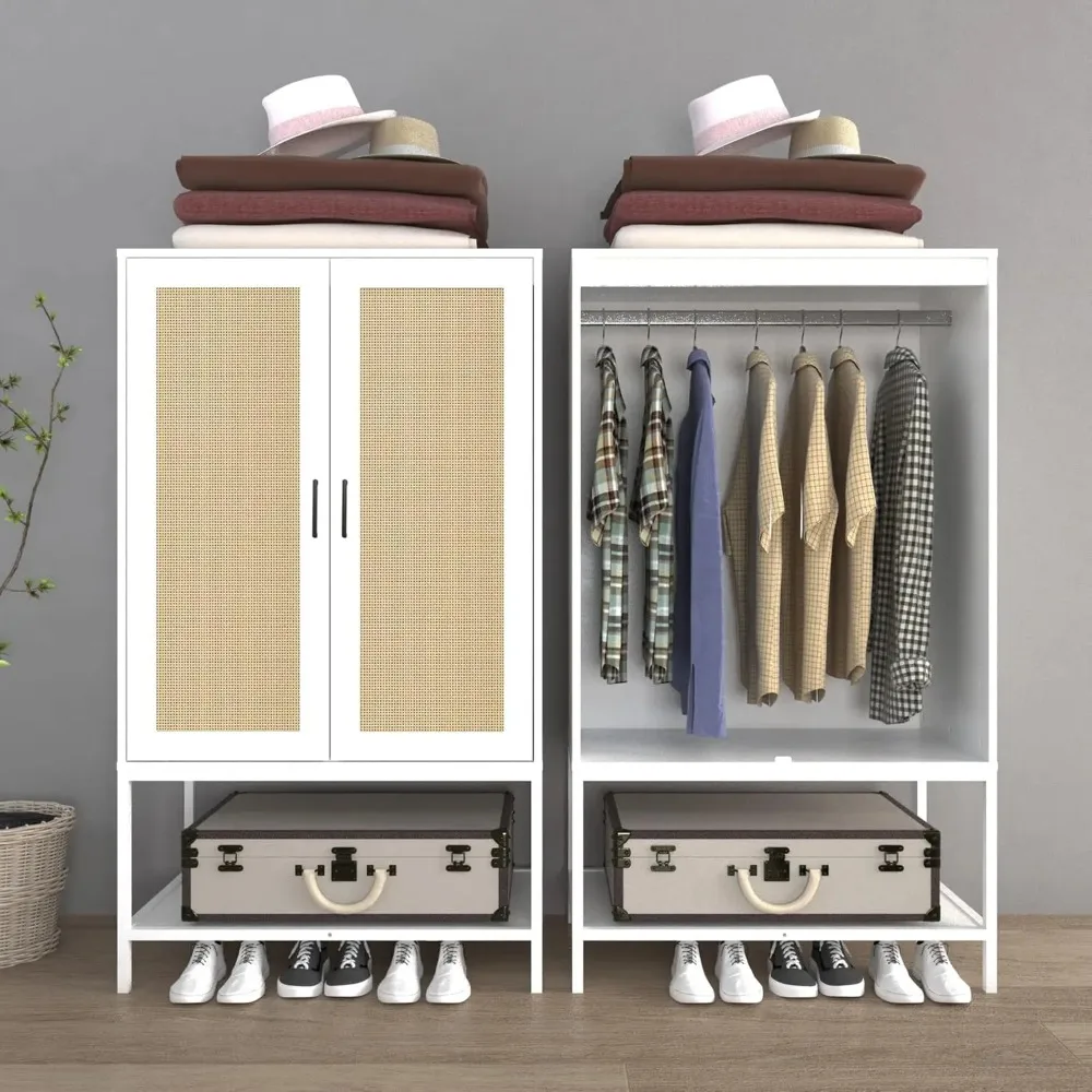 Wardrobe, Wardrobe Closet with 2 Doors, Rattan Bedroom Armoires with Hanging Rod Freestanding Wooden Wardrobe Cabinet With 3