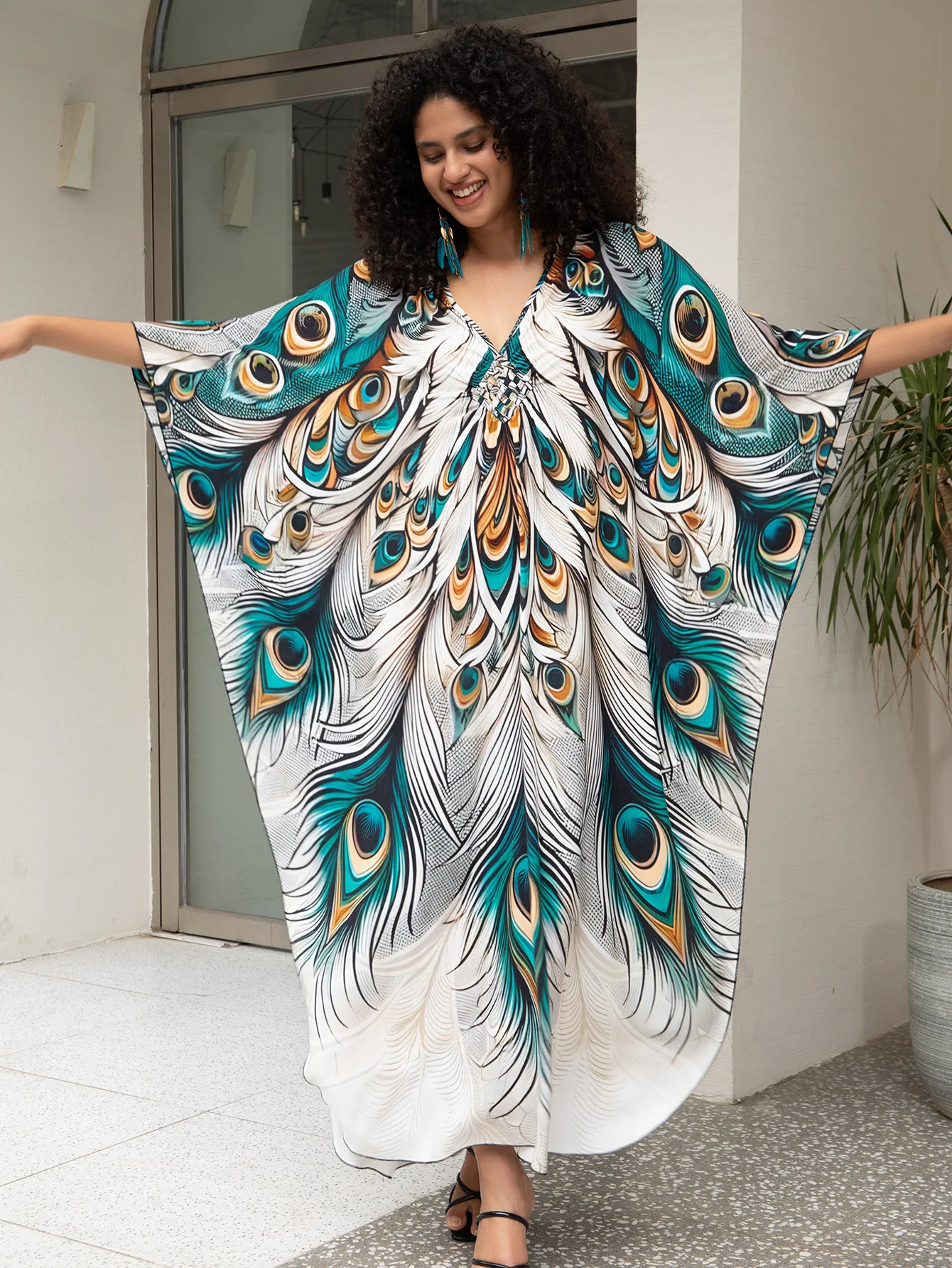 Plus Size Kaftan Dress for Women Hawaiian Batwing Sleeve Beach Cover Up Summer Swimsuit Dresses 4