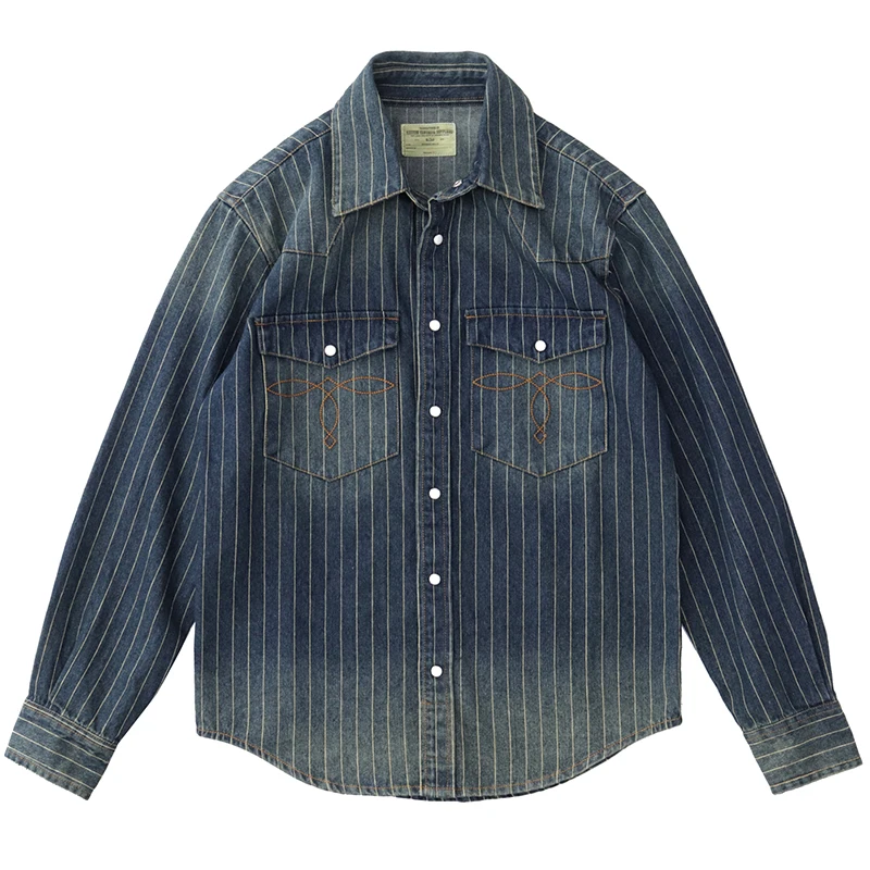 Vintage denim shirt men washed striped casual Khaki spring autumn long sleeve