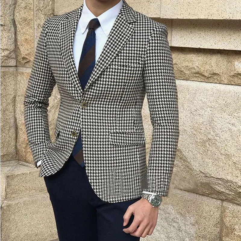 

Plaid Slim fit Men Suits 2 piece Houndstooth Wedding Groom Tuxedo Houndstooth Man Suit Set Blazer with Black Pants New Fashion