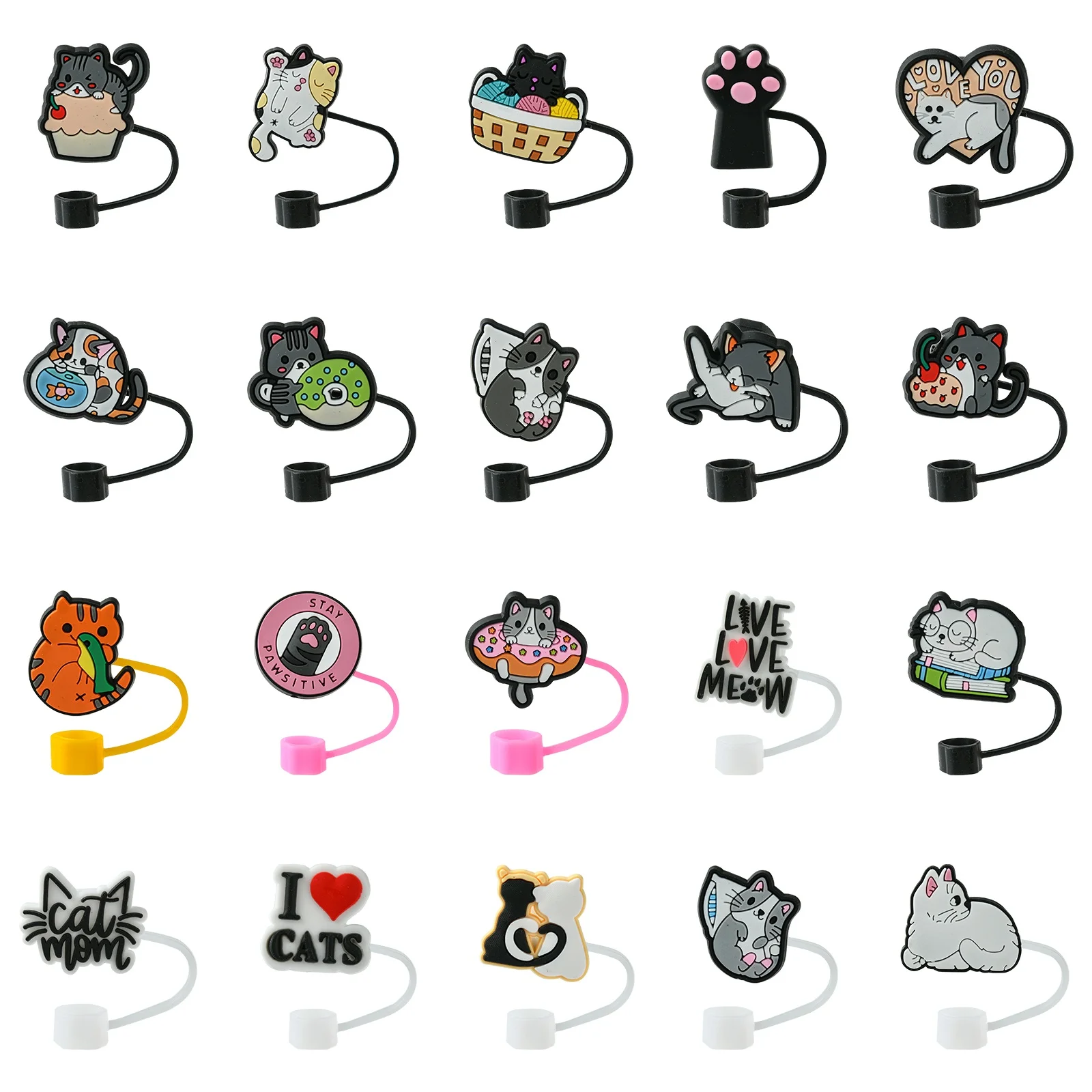 20 Stück gemischte Stile Silikon schwarz Katze Stroh abdeckungen 9mm wieder verwendbare niedliche Haustier Tier Trinkhalm Topper für Tasse Dekor Zubehör