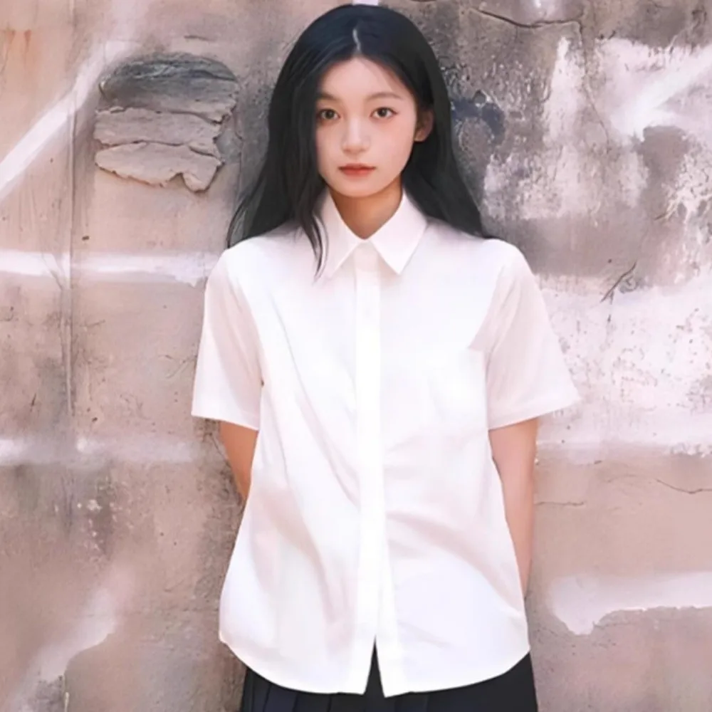 Camisa Blanca Clásica Informal, Camisa Básica de Corte Holgado, Estilo Preppy, Blusa de Manga Corta, Temporada de Gradua
