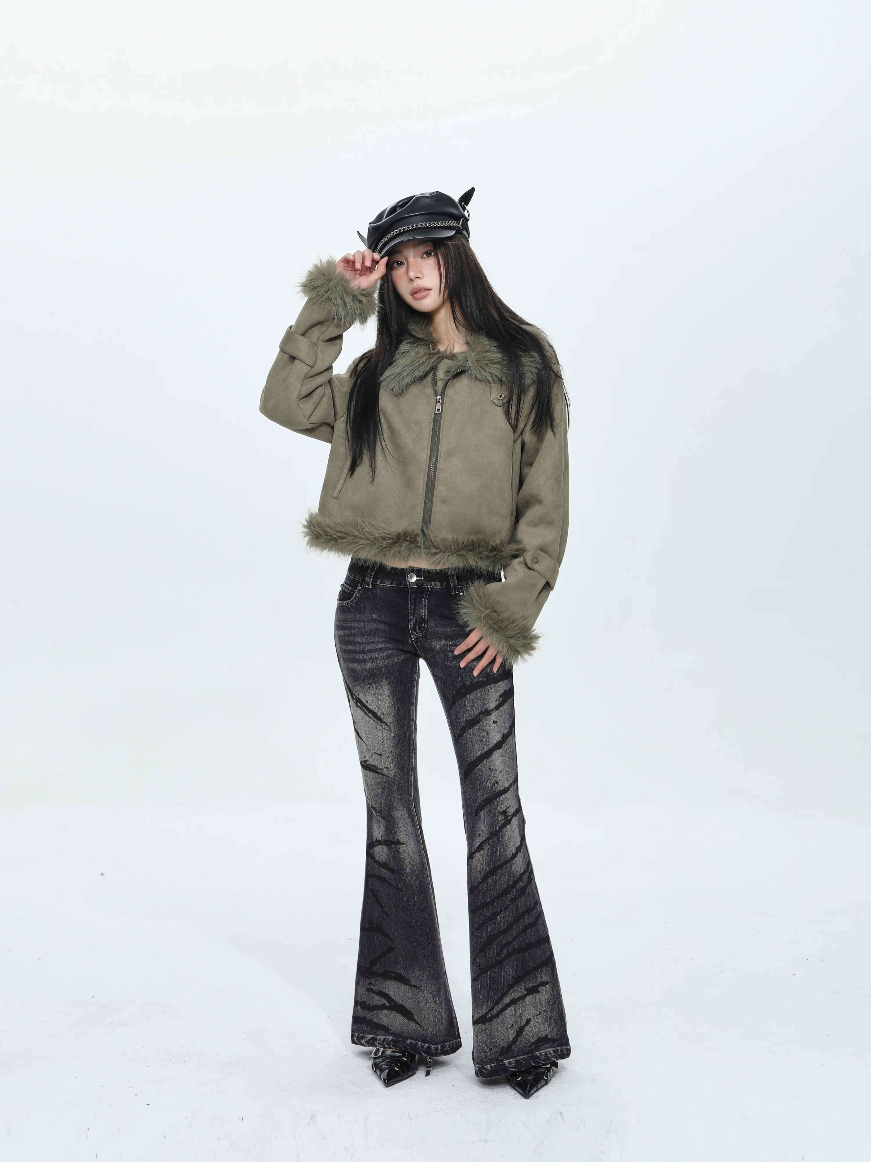 Jacket Coat Women's Green Lapel Short Thickened Stitching Fur Coat Autumn and Winter Fur Integrated Thickened Warm Fashion Top