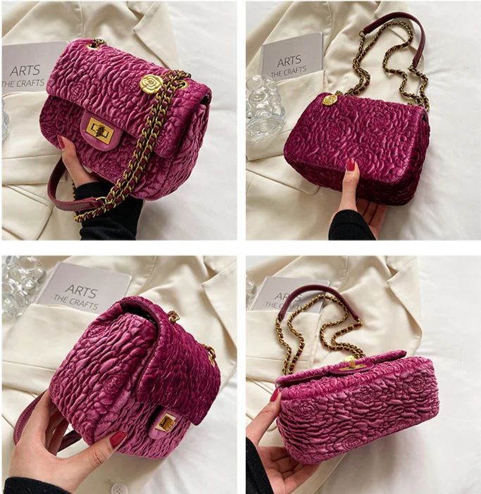 Toamnă și iarnă pentru femei 2024, la modă nouă, lanț de catifea Camelia, geantă crossbody pătrată mică, grasă la subrat_voghion.com