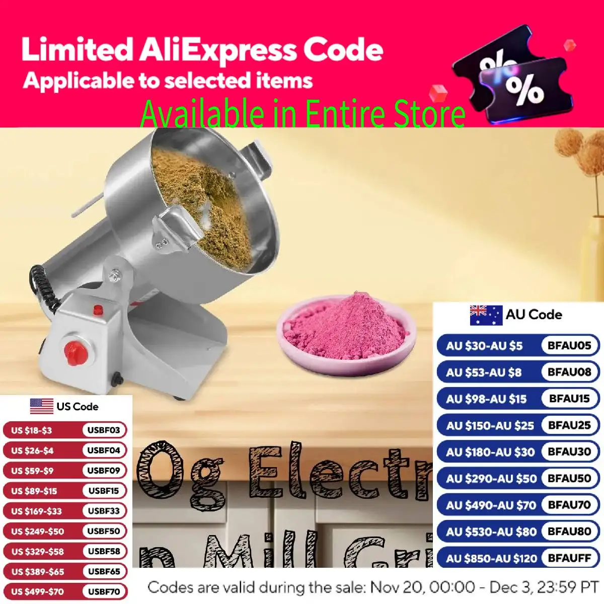 2500g Electric Grain Grinder Mill with Timing Function 4500W High Speed Pulverizer Dry Herb Spice Coffee Seeds Rice Corn Machine