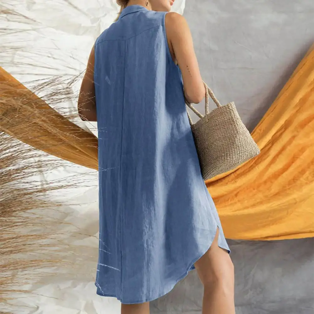 

Women Shirt Dress Stylish Knee Length Midi Dress with Turn-down Collar Split Irregular Hem Single-breasted Vest Design for Women