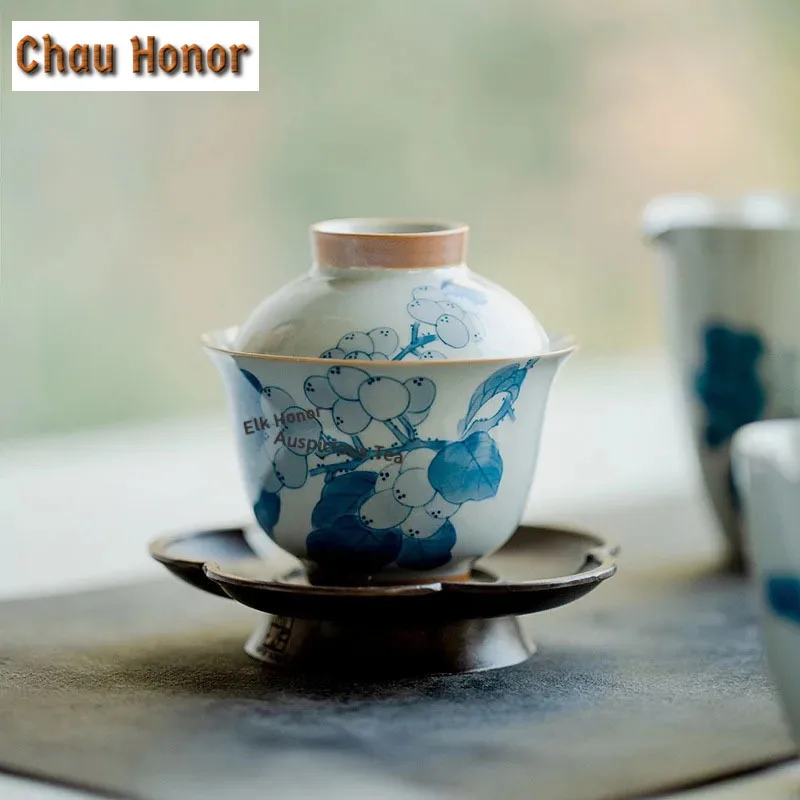 120ml Pure Hand-painted Loquat Ceramic Tea Tureen Retro Blue Sancai Cover Bowl Tea Bowl With Cover Kung Fu Tea Set Tea Ceremony