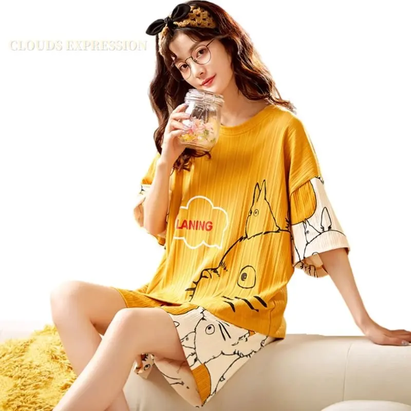 Fashion Summer Pajamas Set For Women Short Sleeve Shorts Sleepwear Cotton  Cute Girls Cartoon Casual PJ Set @ Best Price Online