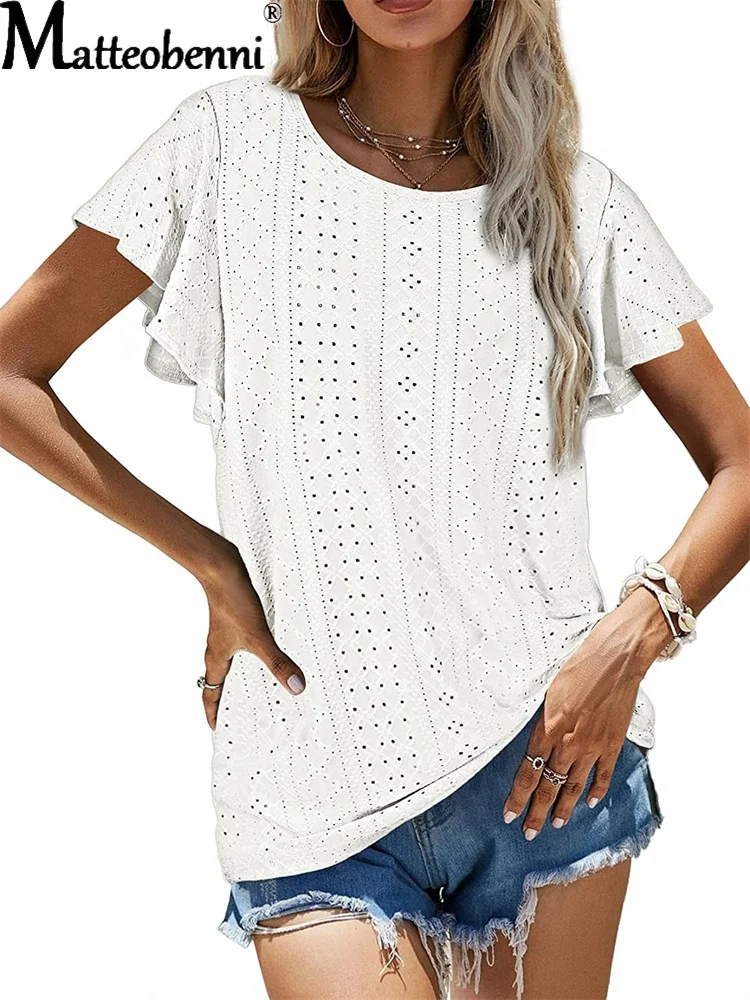 2022 Women Casual Round Neck Chiffon Shirt Tops Ruffle Short Sleeve Hollow Out Blouse Ladies Loose Daily Simple Comfy T-Shirts