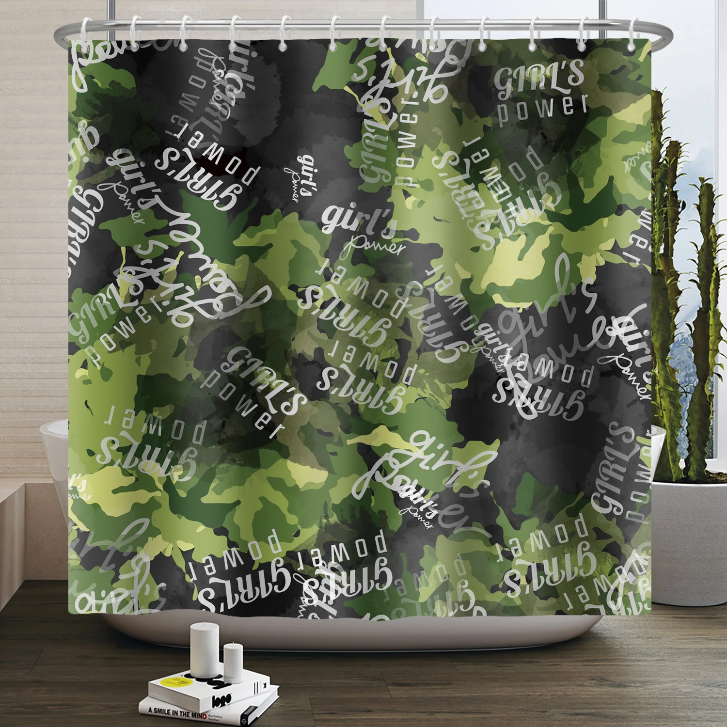 Green Military Camouflage Army Camo Shower Curtains Girl's Power Letters Woodland Hunting Bath Curtain Art Bathroom Decoration