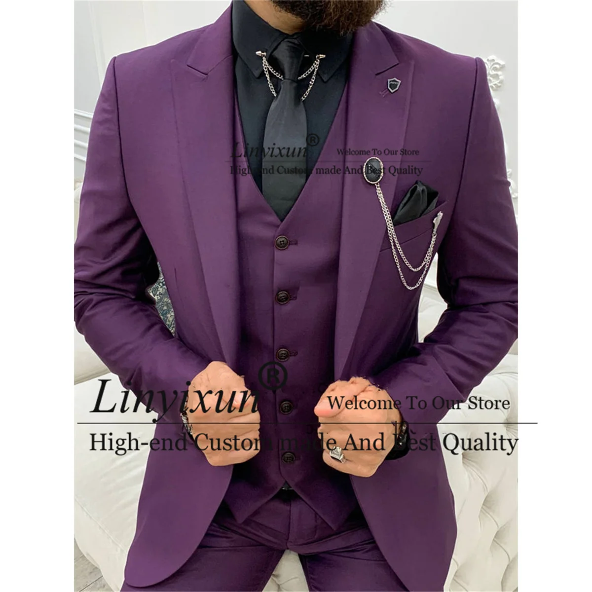 

Purple Mens Suits Slim Fit Groom Wedding Tuxedos Formal Male Prom Blazer 3 Piece Sets Groomsmen Costume Homme Jacket Vest Pants