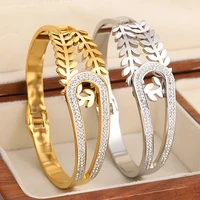 Gold Color Half Leaf Half Rhinestones Stainless Steel Bangles Bracelets for Women Fashion Luxury Waterproof Jewelry 1