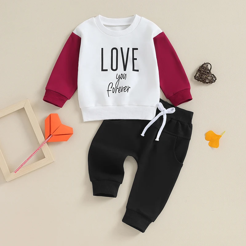 

2023-10-17 Lioraitiin 0-3Y Toddler Baby Boy Valentines Day Outfit Letter Heart Long Sleeve Sweatshirts Stretch Pants Clothes Set