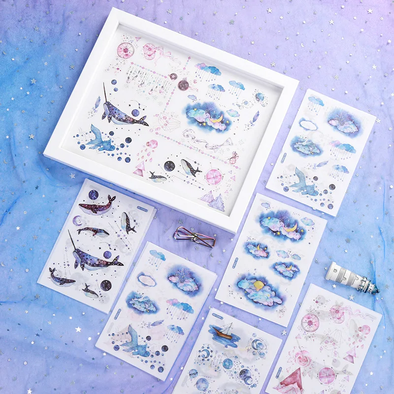 6 Sheets/Pack Fantasy Moon Star Wale Sticker Adhesive Craft Stick Label Notebook Computer Phone DIY Decor Kids Gift Stationery | Канцтовары