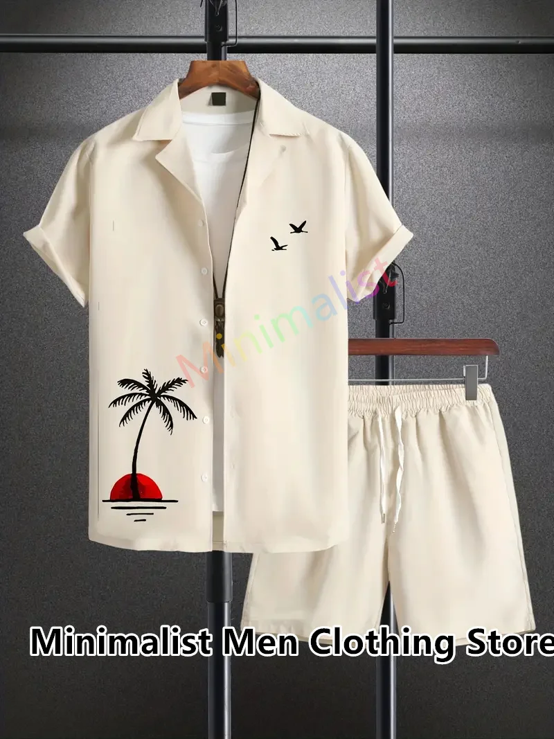 Summer Men's Hawaiian Suit Short Sleeve Coconut Tree Printed Button Up Shirt Beach Shorts Street Casual Men's Suit 2 Pieces