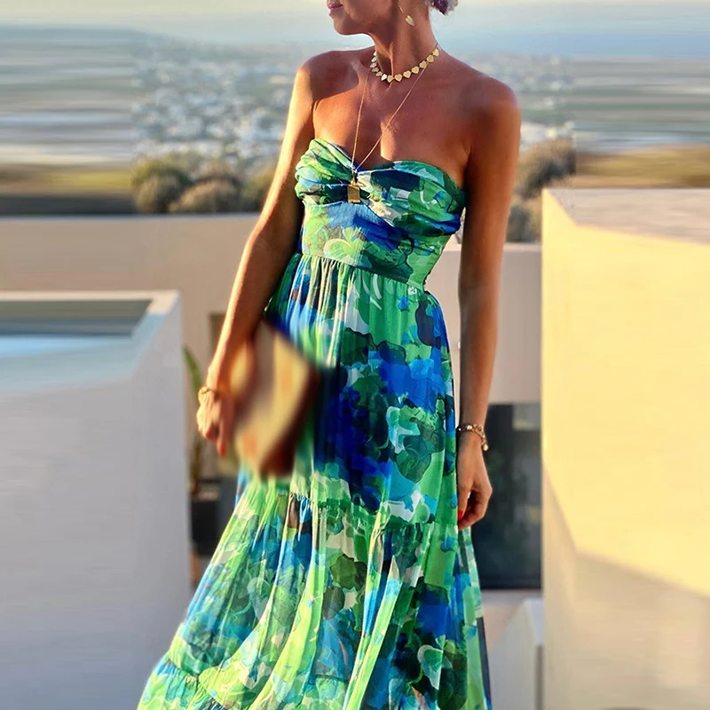 

Lady Boho Holiday Beach Party Dresses Summer Elegant Strapless Evening Chiffon Dress Women Sexy Slim Backless Ruffle Maxi Dress