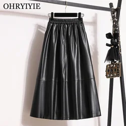 OHRYIYIE Large Size 4XL Black Long Vintage Faux Leather Skirt Women Autumn Winter Fashion A-Line Skirt Female Elegant PU Skirt