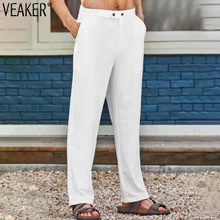 2022 nowe męskie oddychające proste lniane spodnie męskie Casual solidna kolorowa bawełniana lniane spodnie białe spodnie M-3XL tanie tanio VEAKER Na wiosnę i lato CN (pochodzenie) COTTON Linen Na co dzień Mieszkanie NONE REGULAR Pełna długość Breathable Straight Pants