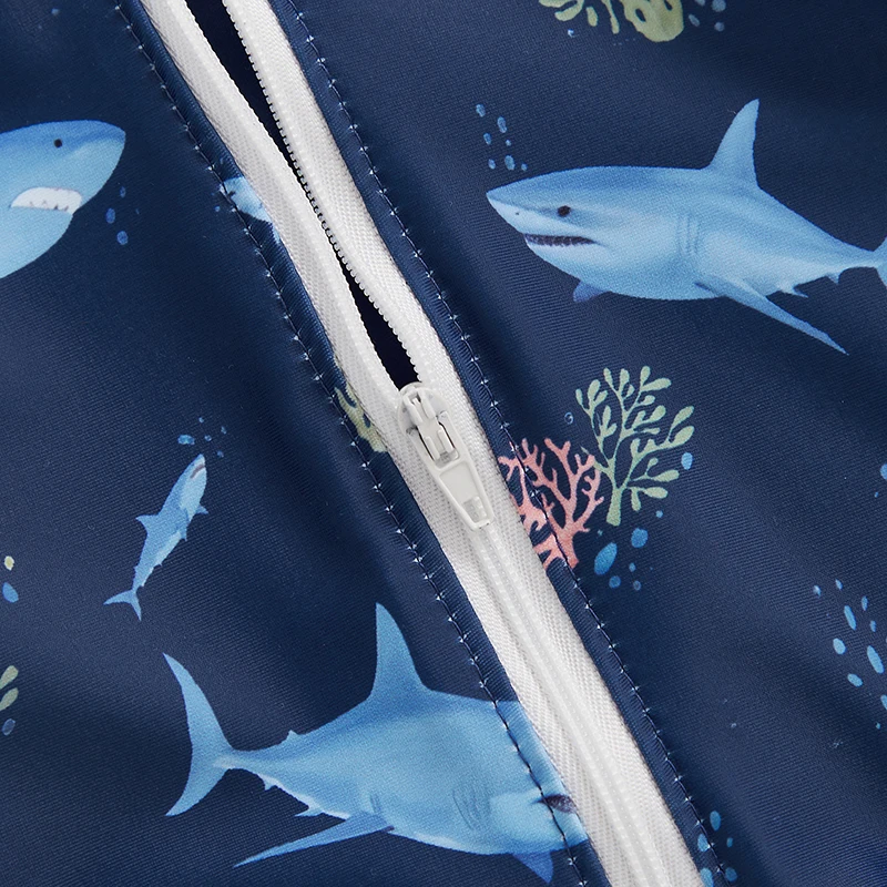 Toddler Infant Boy Rash Guard Swimsuit Shark Print Long Sleeve Half Zip up Bathing Suit Sun Hat 2 Pcs Swimwear Set